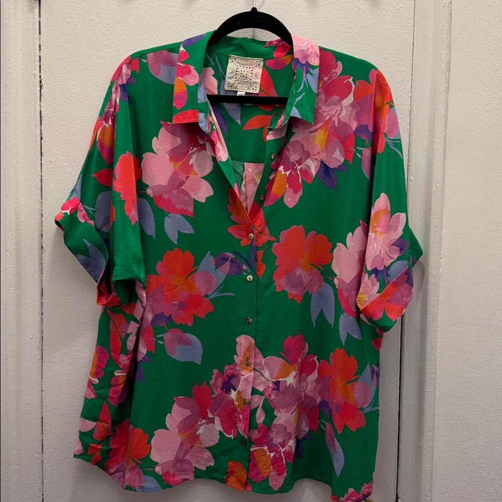 Johnny Was Green Floral Shirt